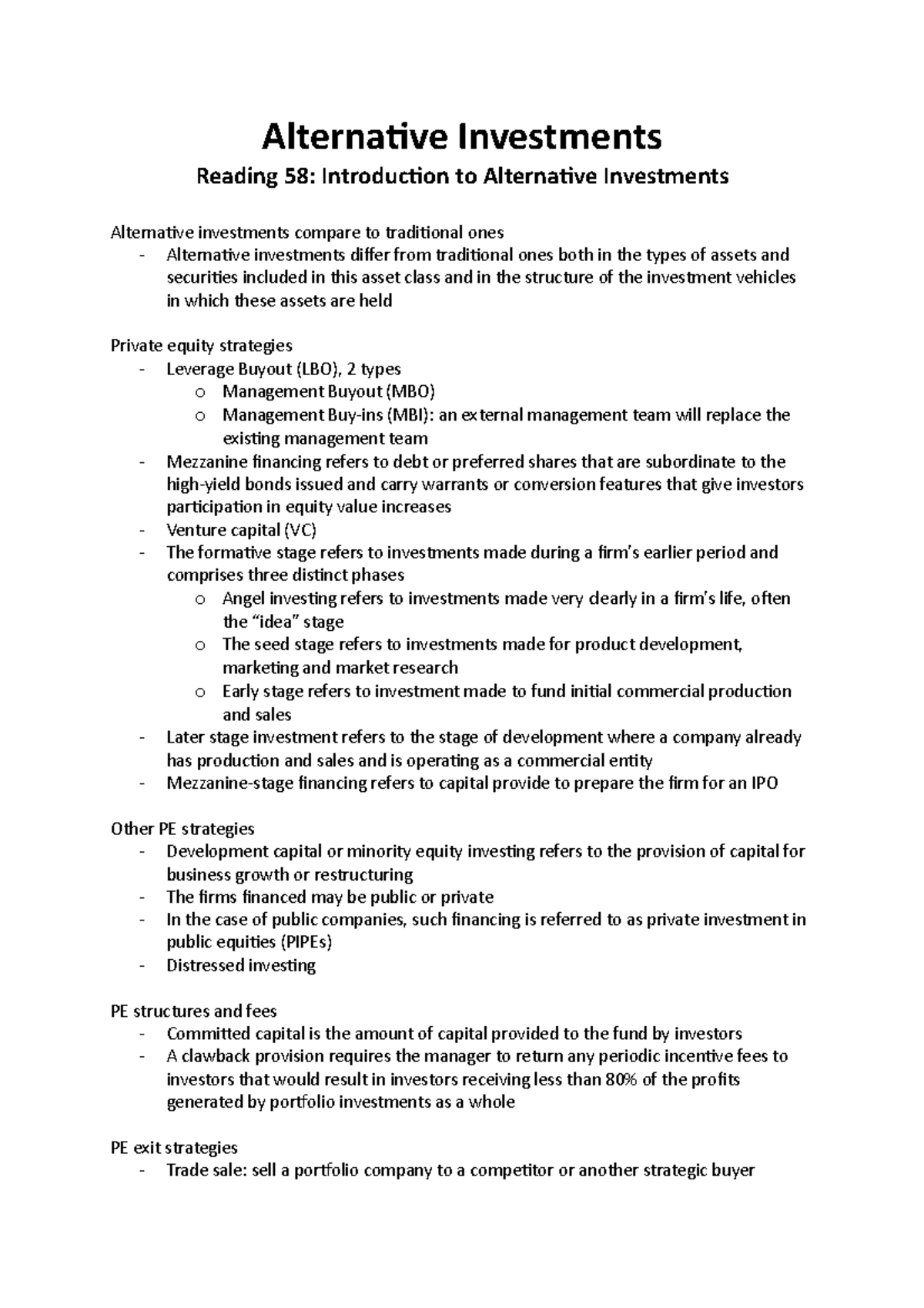 CFA Level 1 - Reading 58: Insights into Alternative Investments - Studocu