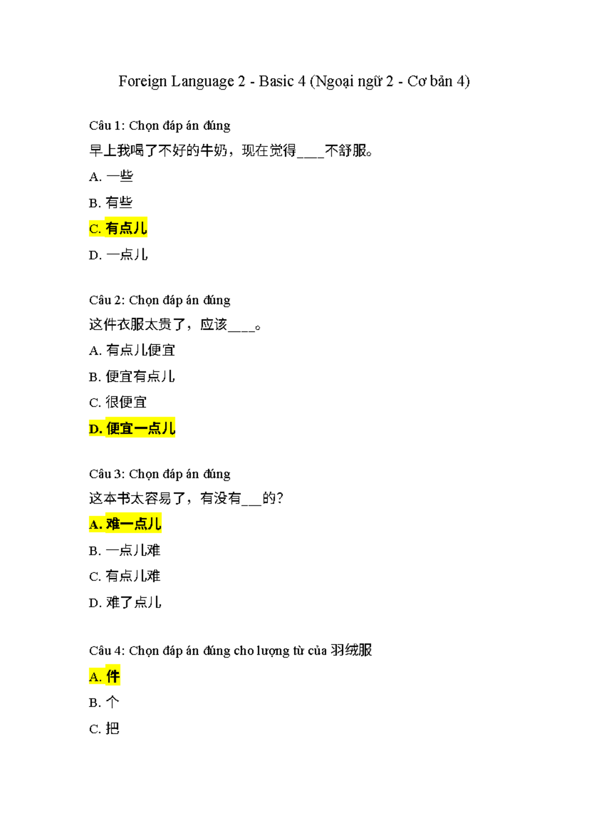 Foreign Language 2 Basic 4 Quiz Questions and Answers - Studocu