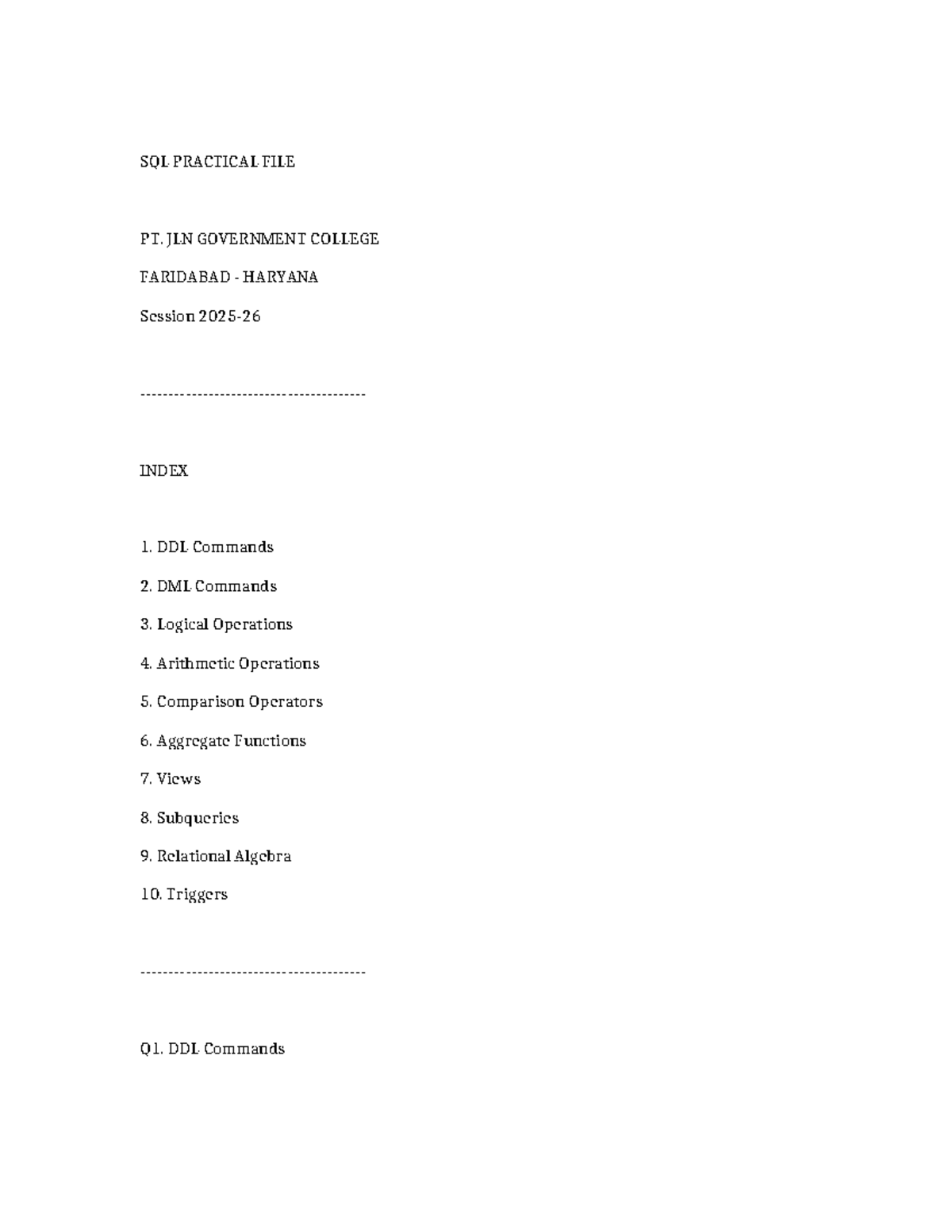 SQL Practical File: DDL, DML, and More - JLN Govt College - Studocu