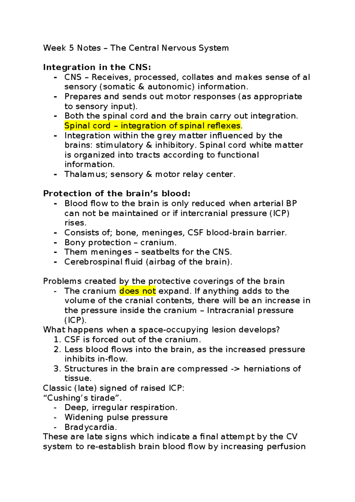 Week 5 Notes: Integration of the Central Nervous System (CNS) - Studocu