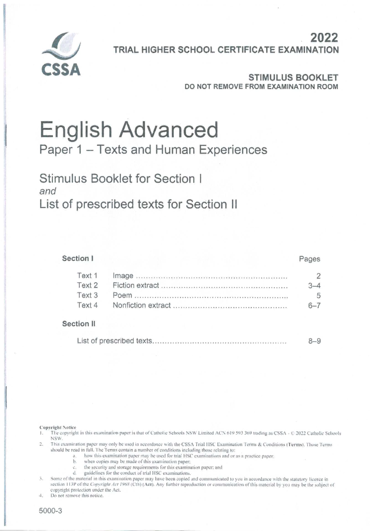 CSSA Trial HSC 2022 English Advanced Paper 1: Texts & Human Experiences ...