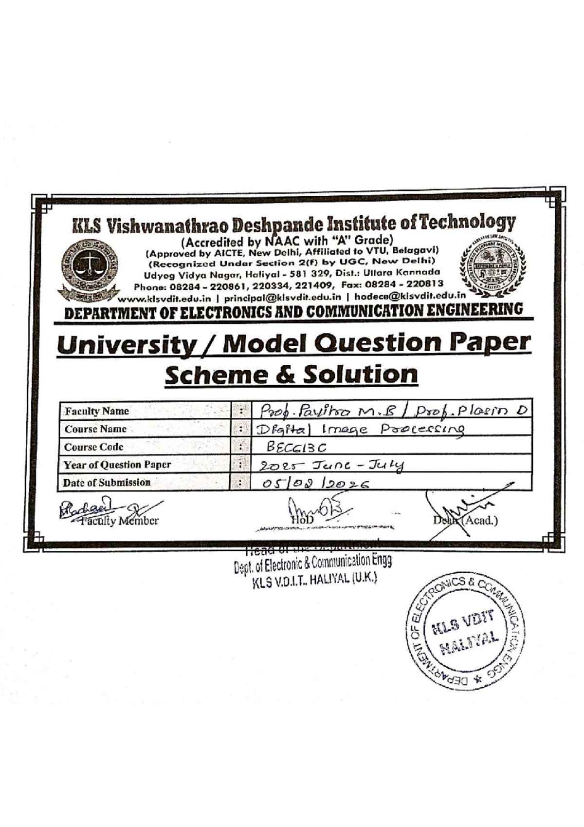 Digital Image Processing - Model Question Paper (B.E. 6th Sem) - Studocu