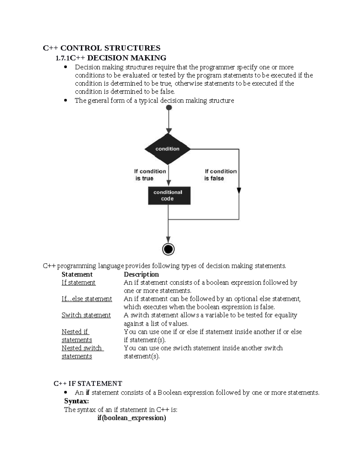 C++ Selection Control Structures - Notes on Decision Making - Studocu