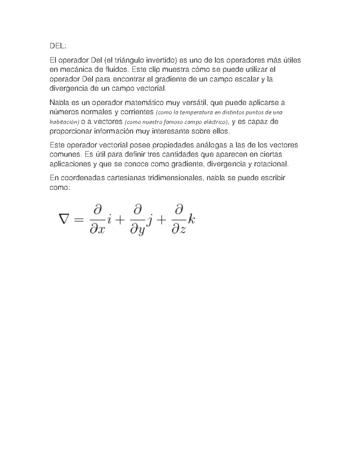 DEL - Operador Del en Mecánica de Fluidos: Gradiente y Divergencia ...