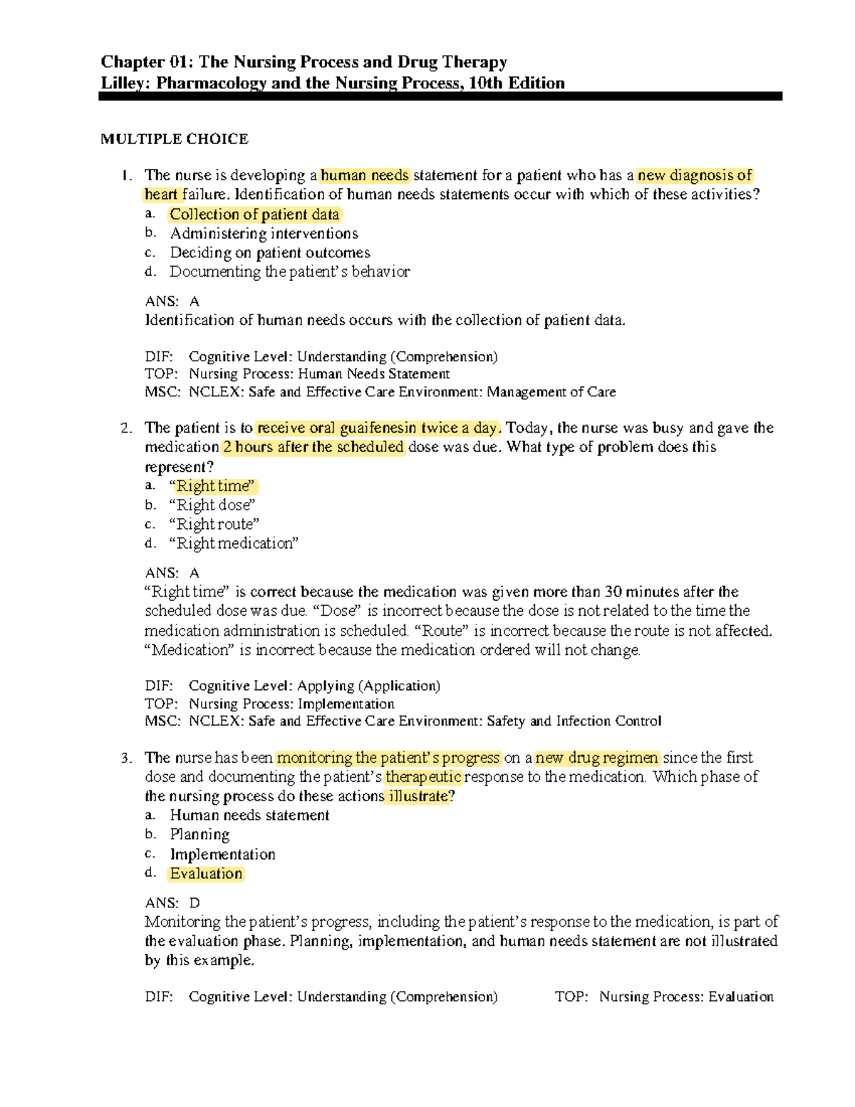 Ch 1 - ch 1 - Chapter 01: The Nursing Process and Drug Therapy Lilley ...