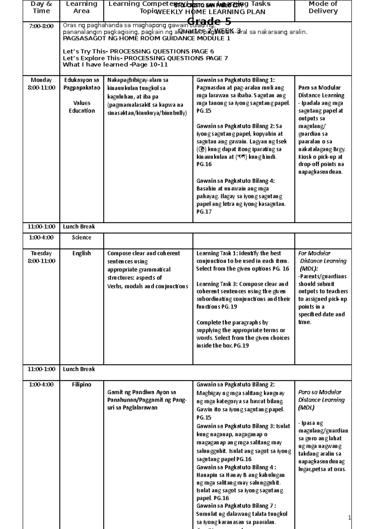 Grade-5 WHLP Q2W3 - weekly home learning plan - 1 Day & Time Learning ...