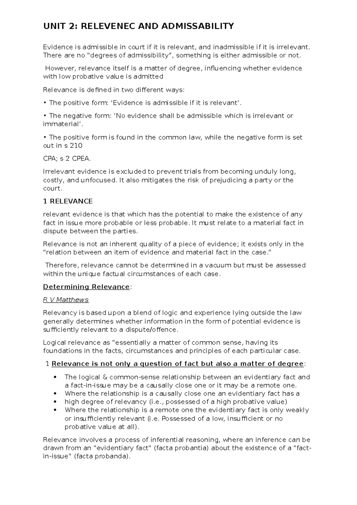 UNIT 2: RELEVANCE AND ADMISSIBILITY in Evidence Law - Studocu