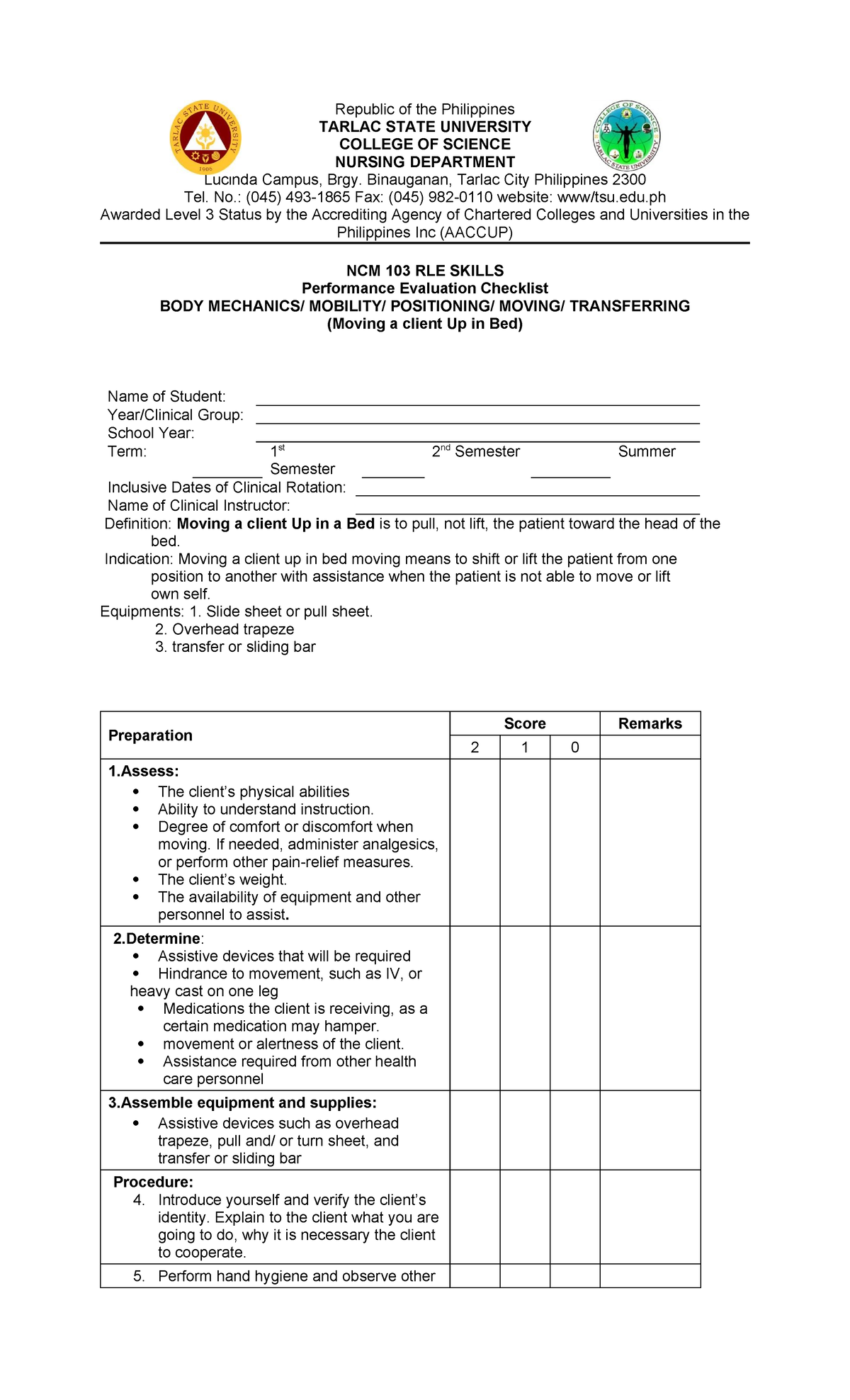 NCM 103 RLE Skills: Body Transferring Performance Checklist - Studocu