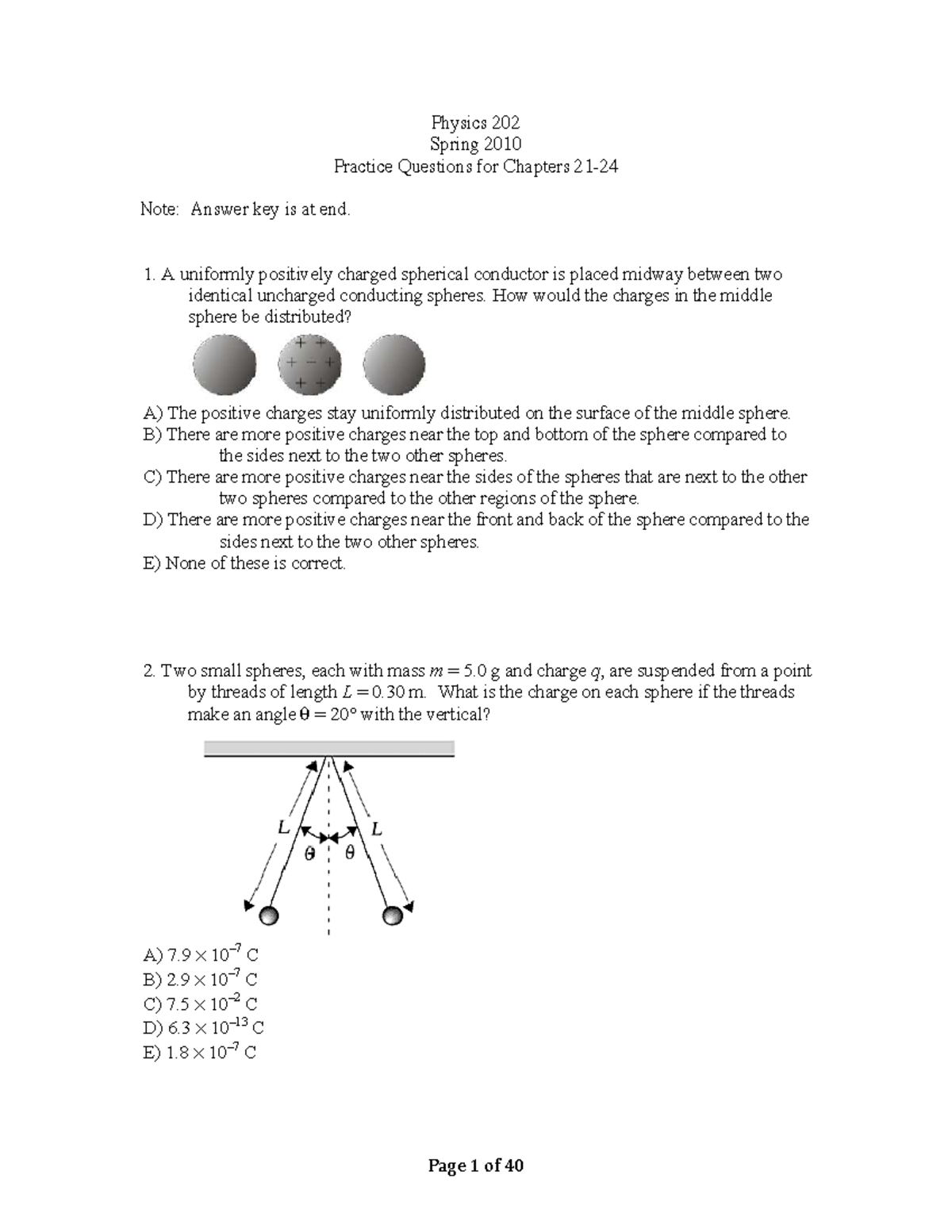 Physics 202 Spring 2010 Practice Questions for Chapters 21-24 - Studocu