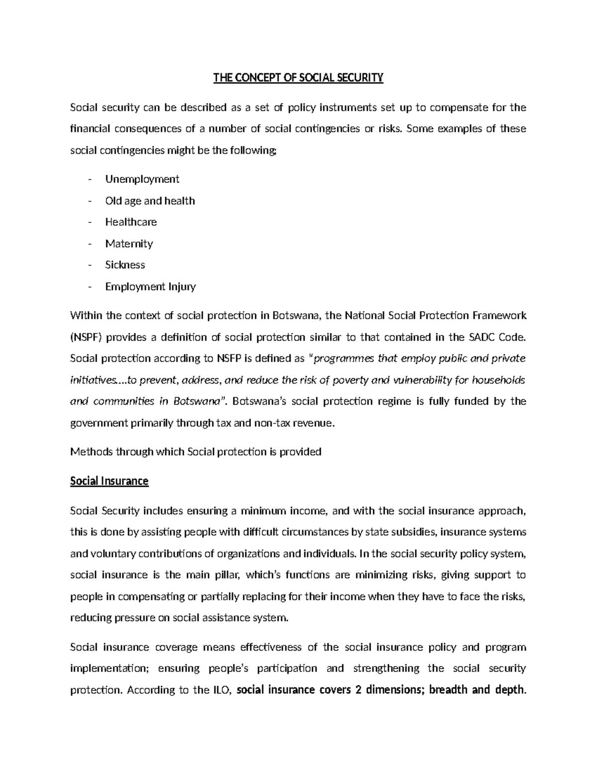 SOC 101: Understanding the Concept of Social Security in Botswana - Studocu