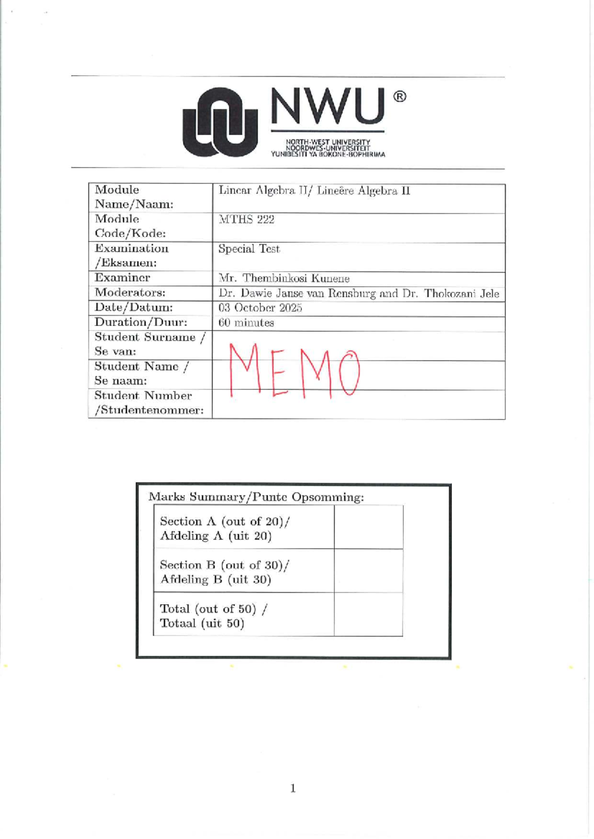 MTHS Linear Algebra II Special Test Memo - 03 October 2025 - Studocu