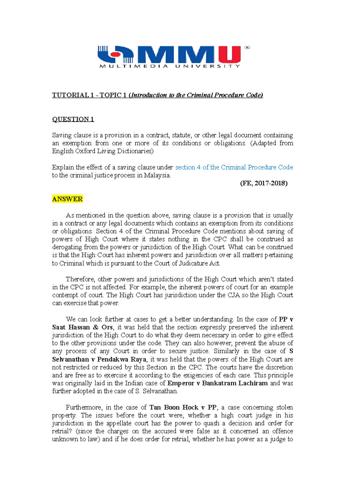 Criminal Procedure I Tutorial 1 - TUTORIAL 1 - TOPIC 1 (Introduction to ...