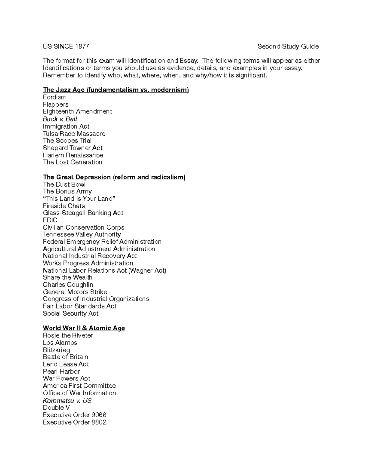 US Since 1877 - Second Study Guide for Exam: ID & Essay Terms - Studocu