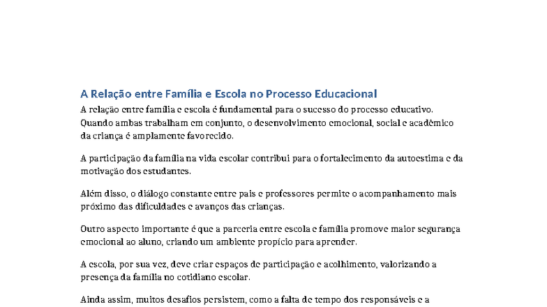 Relação Família e Escola no Processo Educacional - Studocu