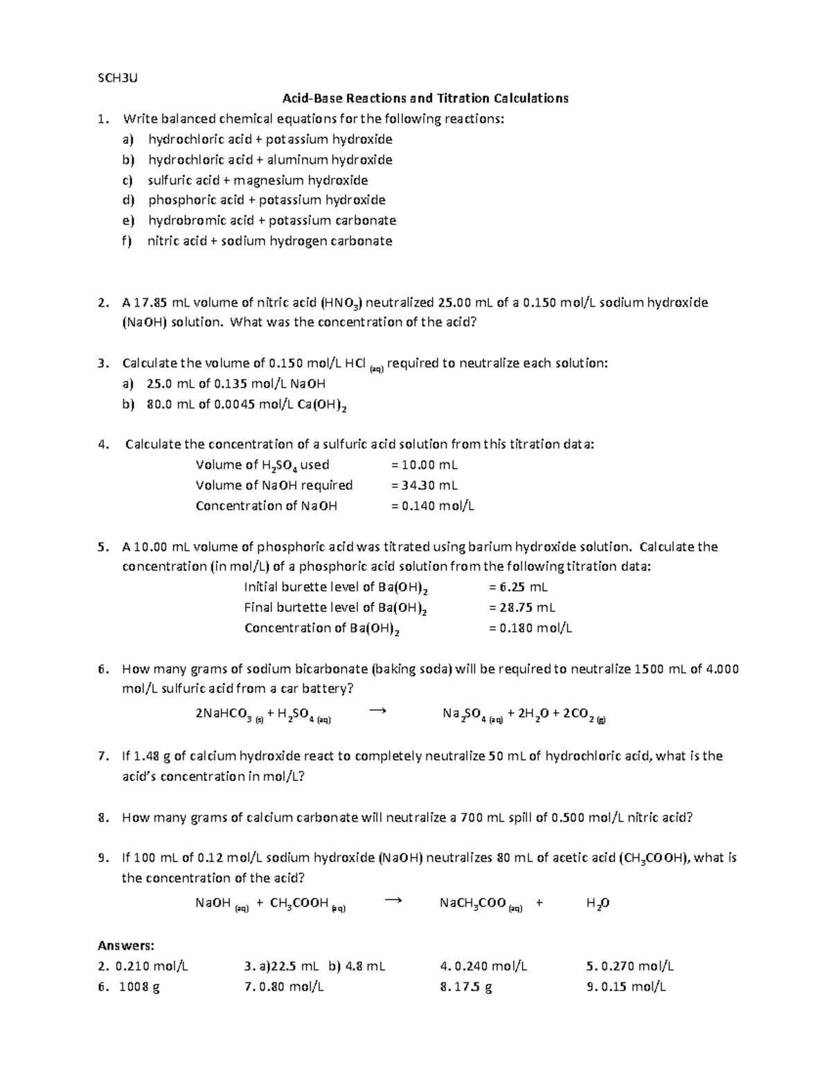 SCH3U Final Exam Review Questions for Units 1-6 - Studocu
