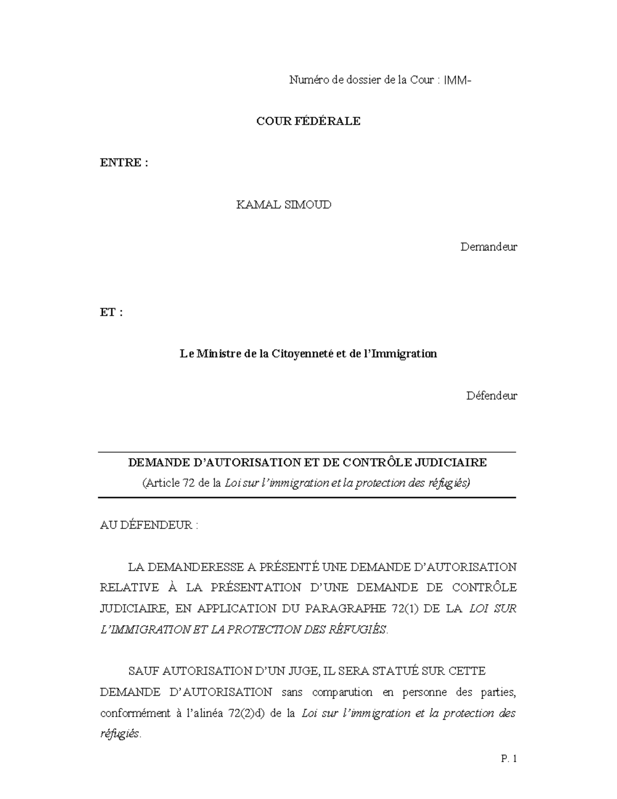 Demande d'Autorisation et Contrôle Judiciaire - Dossier IMM- KAMAL ...