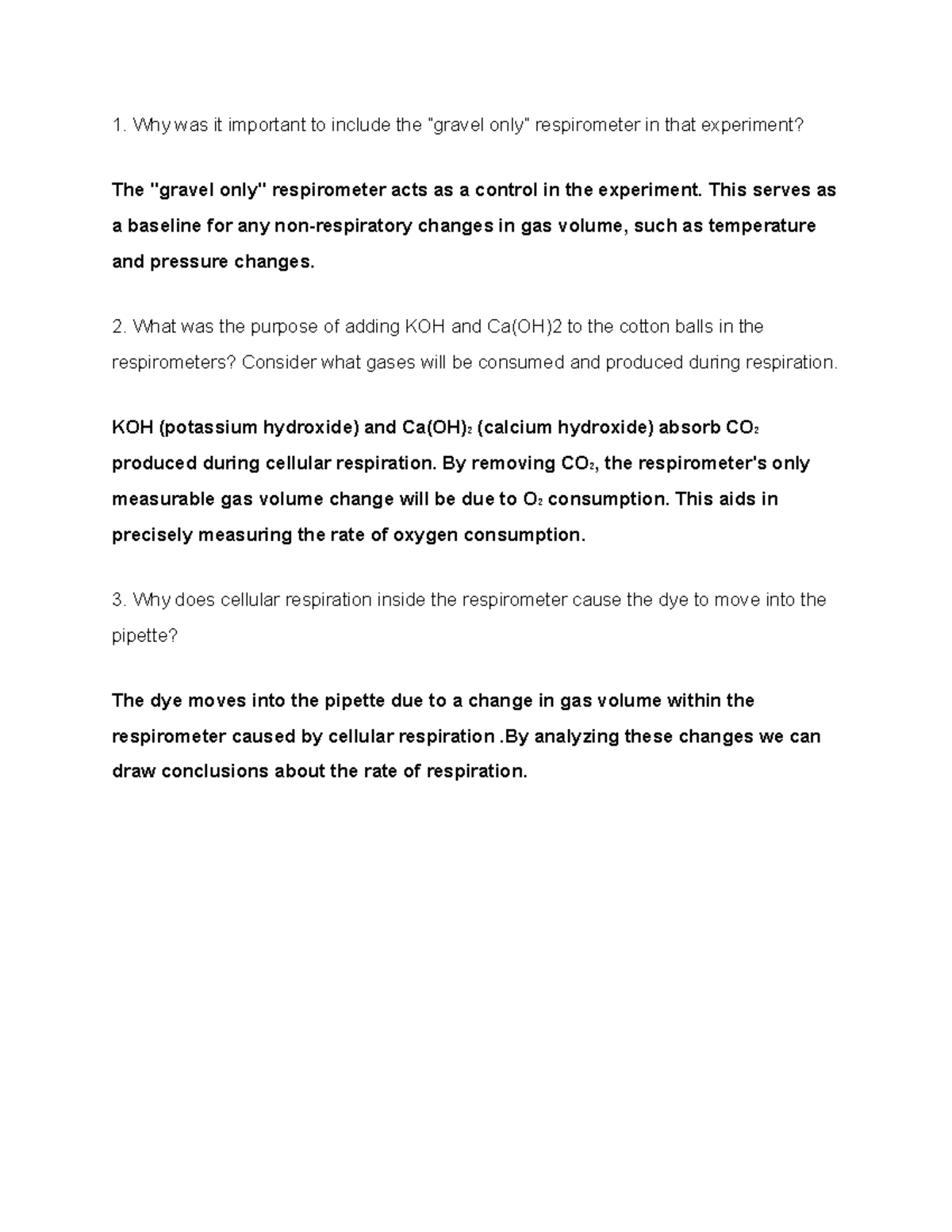 Bio 101 Lab 6 Post-Lab Questions on Cellular Respiration Insights - Studocu
