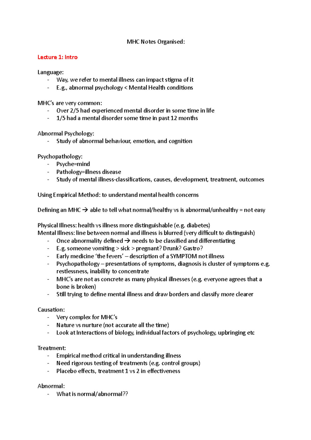 Mental Health Conditions Notes Organised - MHC Notes Organised: Lecture ...