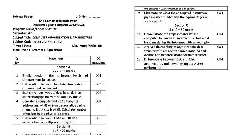 COA 4th Sem End Semester Exam PYQ 2023 - Computer Organization - Studocu