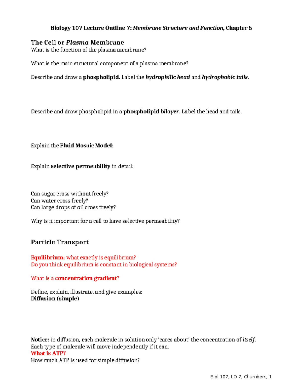Biology 107 Lecture Outline 7: Membrane Structure & Function, CH 5 ...