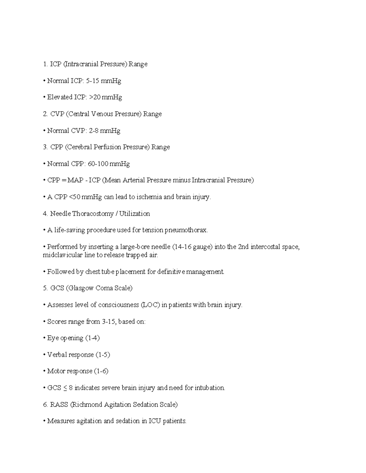 Final study guide - ICP (Intracranial Pressure) Range Normal ICP: 5-15 ...