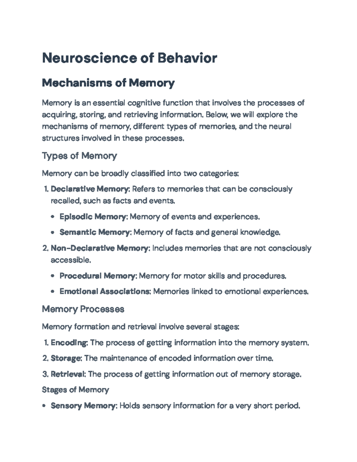 Neuroscience of Behavior: Mechanisms and Dynamics of Memory ...