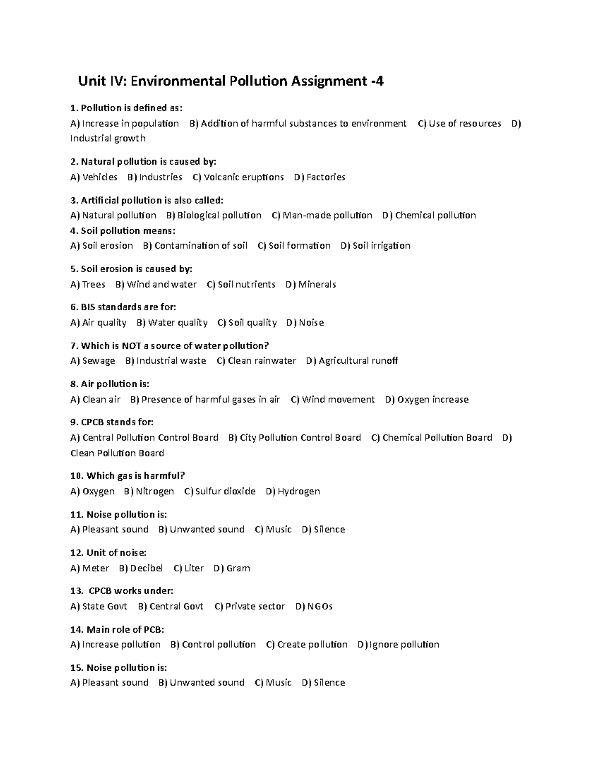 Unit IV: Environmental Pollution Assignment 1 - EES 4 - Studocu
