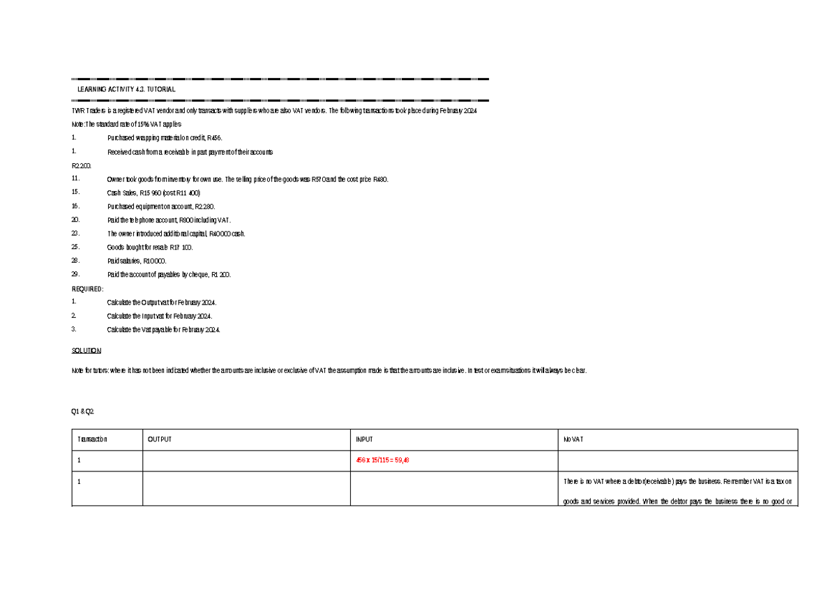 VAT Tutorial Activities: Calculating Output and Input VAT for Feb 2024 ...