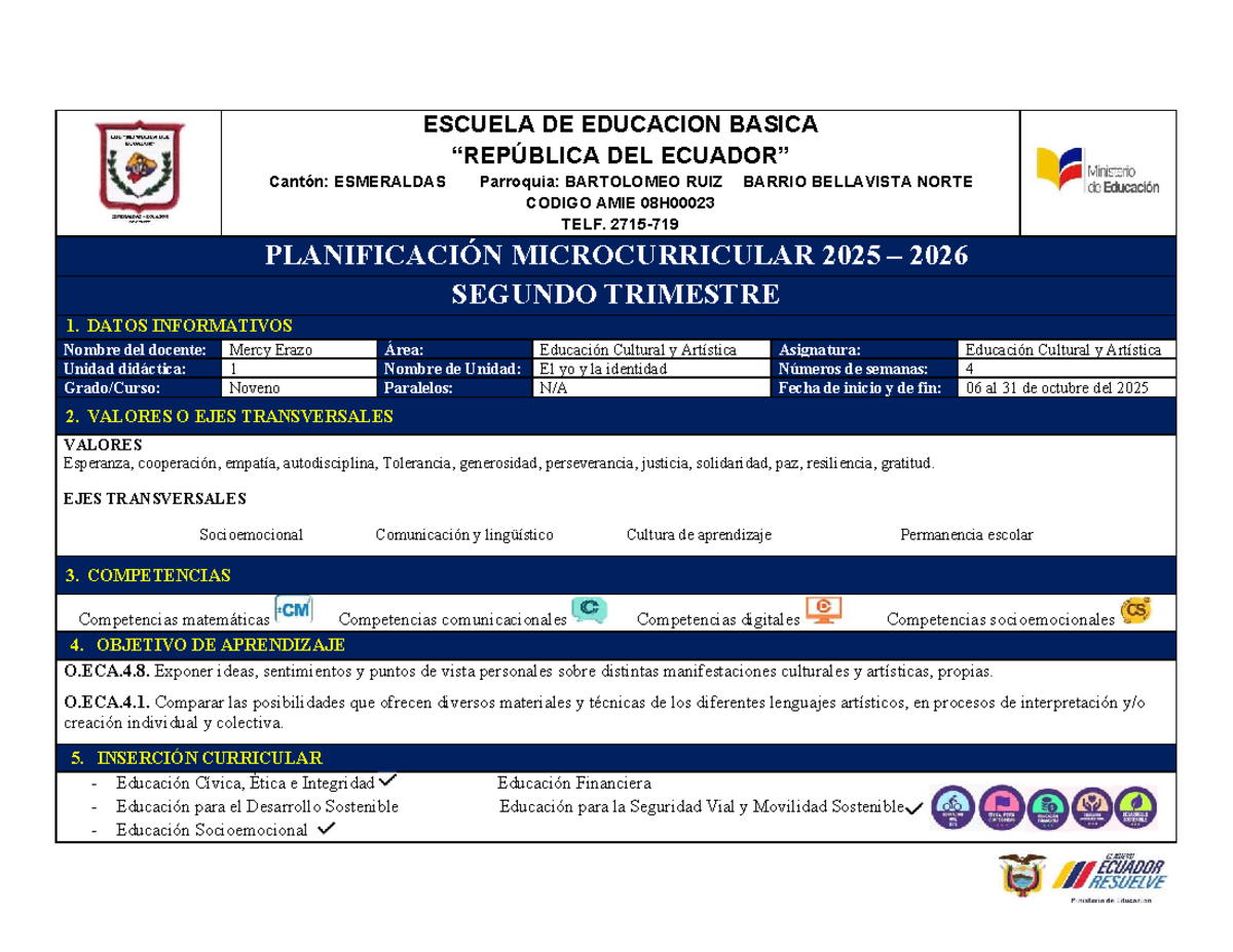 Planificación Microcurricular 2025-2026: 9ECA Segundo Trimestre - Studocu