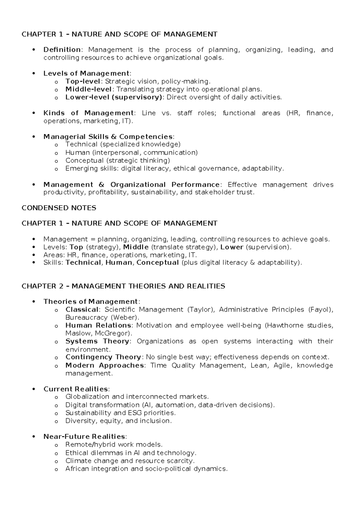 Management Principles Overview: Chapters 1-16 Summary Notes - Studocu