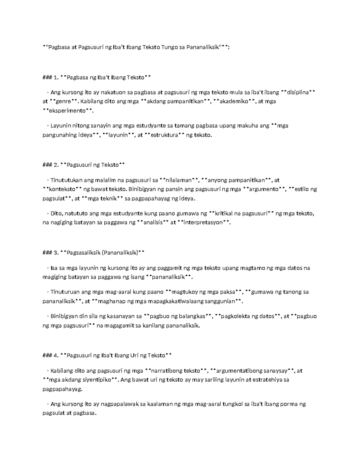 Pagbasa at Pagsusuri ng Teksto Tungo sa Pananaliksik (Kurso: Pagsusuri ...