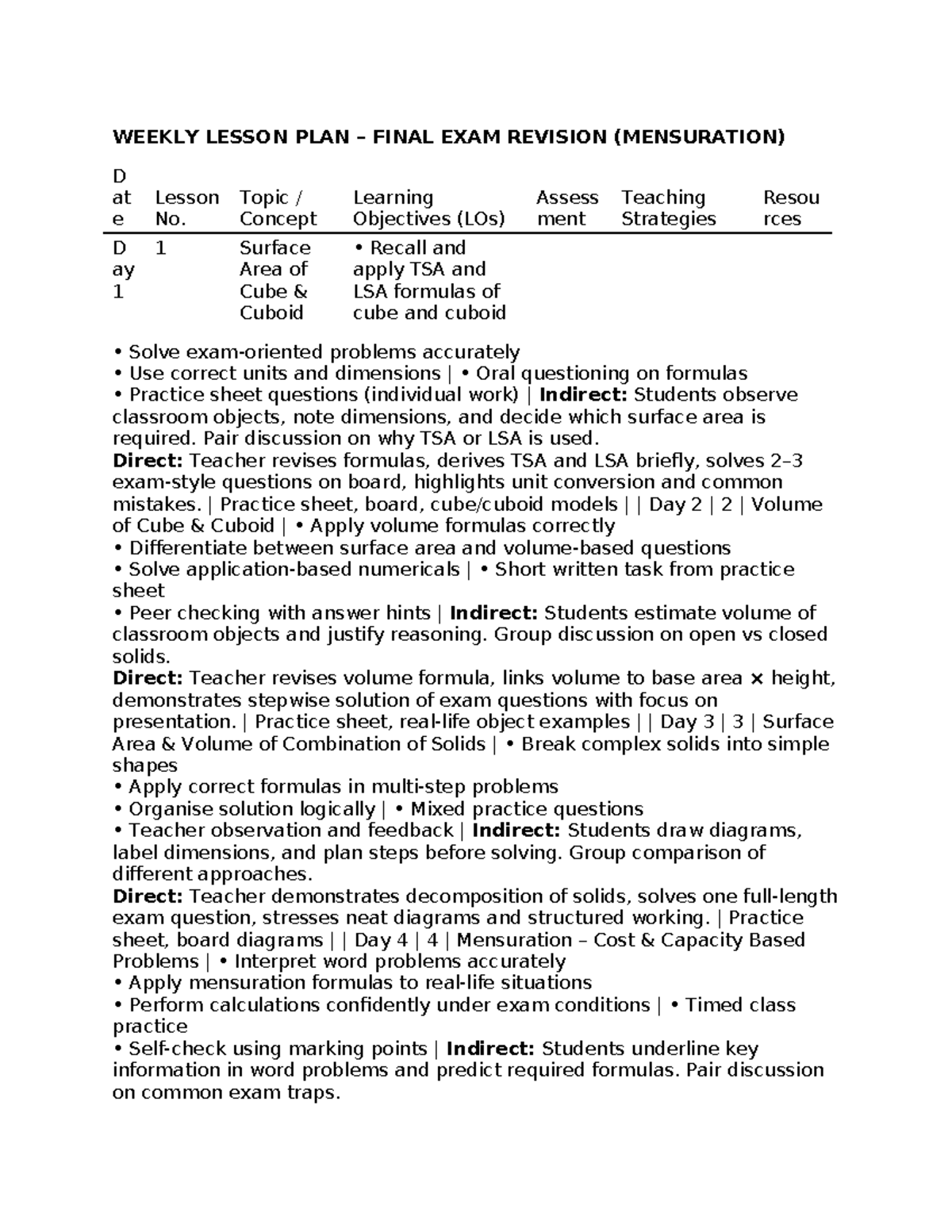 MENSURATION FINAL EXAM REVISION WEEKLY LESSON PLAN - Studocu