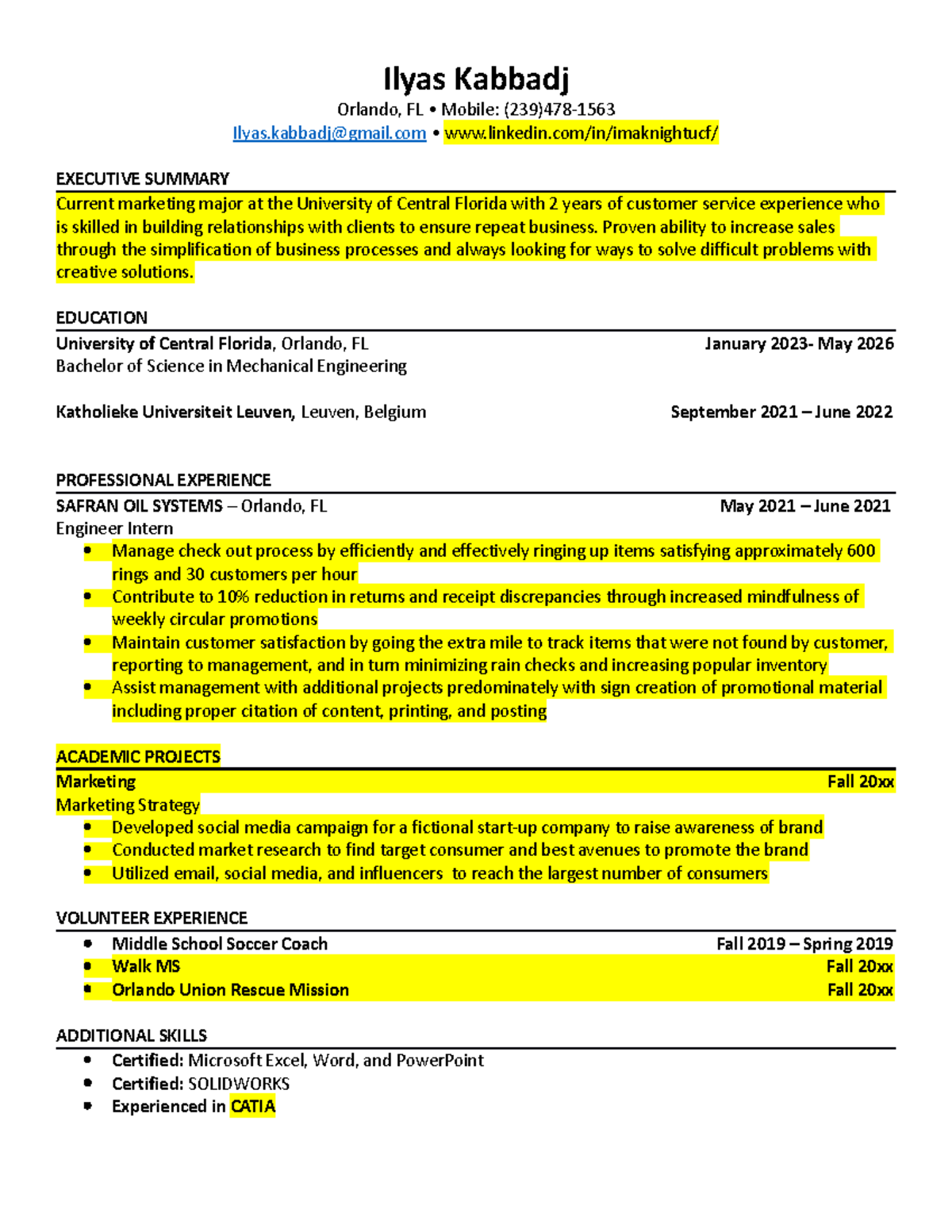 Ilyas Kabbadj - Marketing Major Resume for UCF Opportunities - Studocu