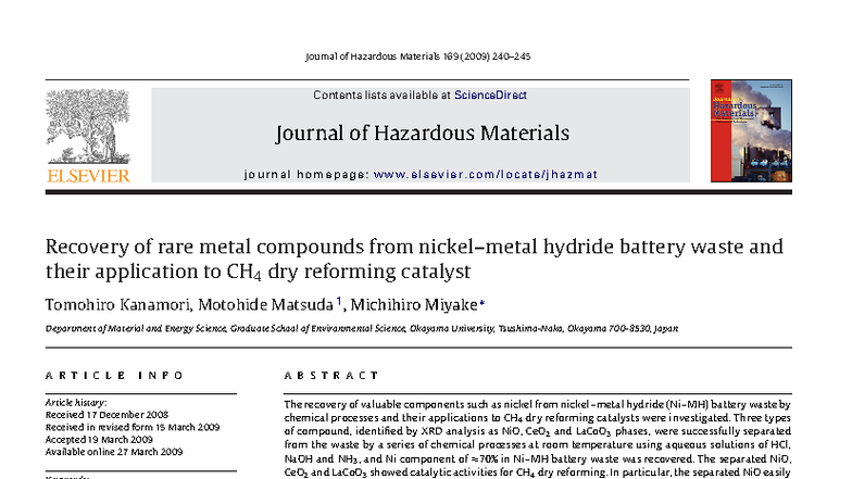 Recovery of rare metal compounds from nickel–metal hydride battery ...