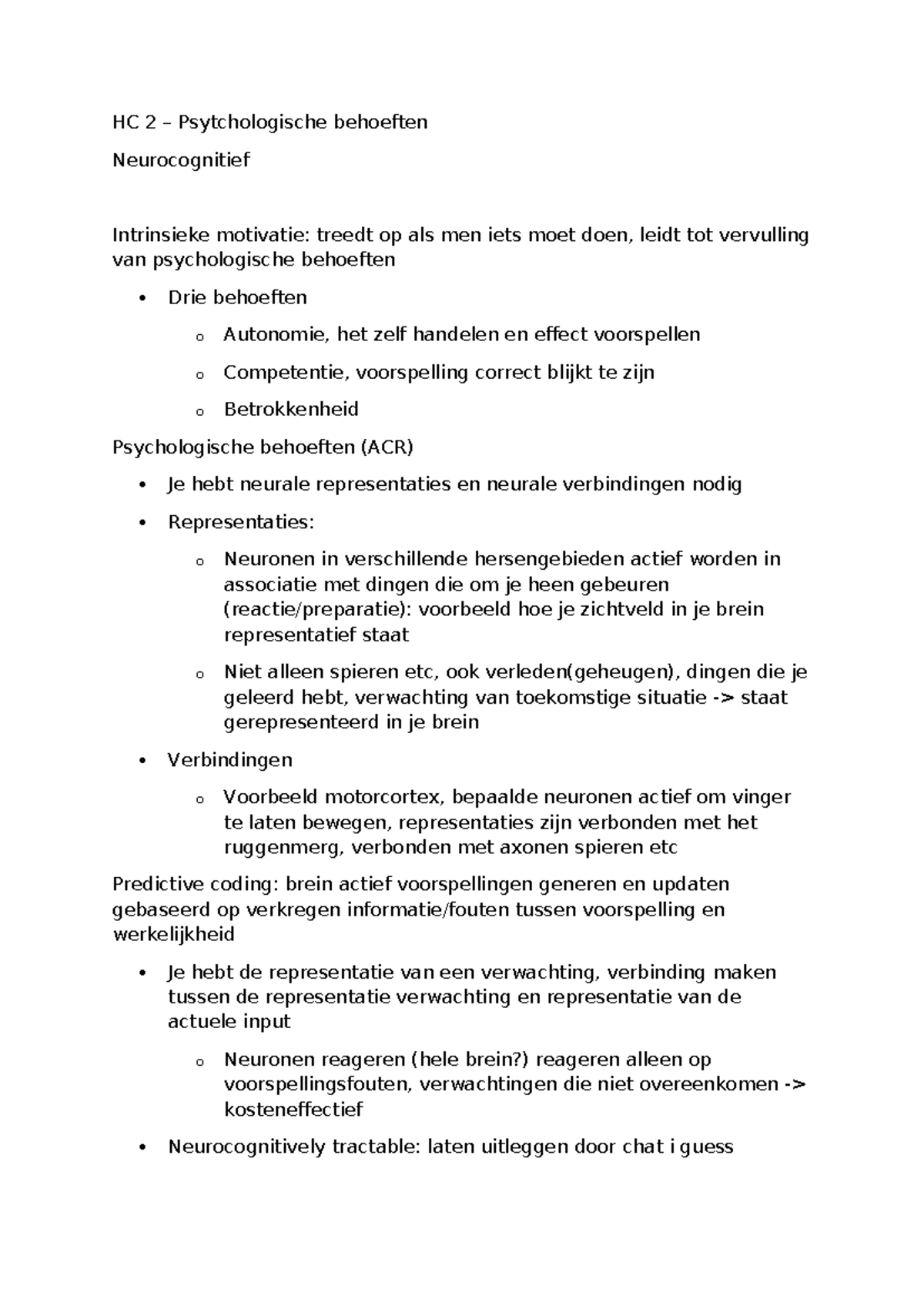 HC2 Psychologische Behoeften en Neurocognitieve Motivatie - Studeersnel