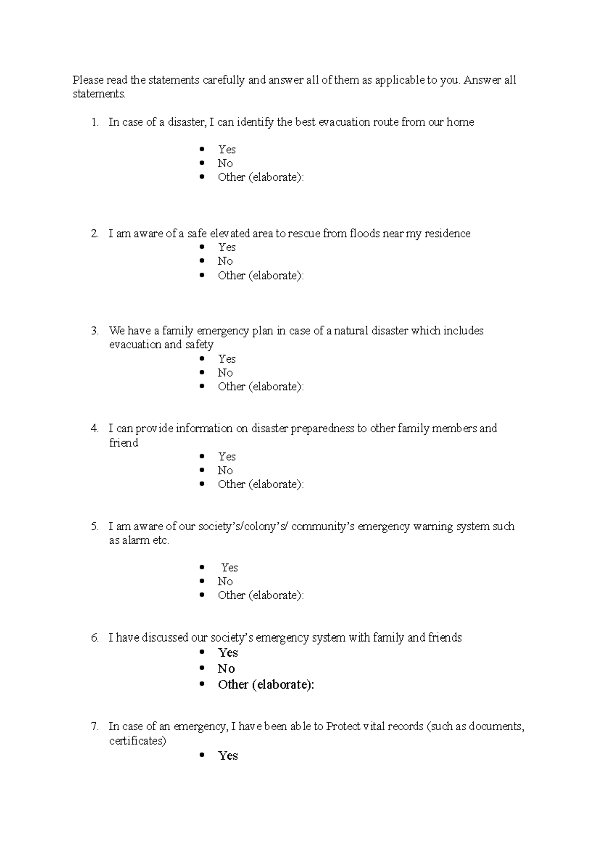 Disaster Preparedness Survey: Assessing Family Safety Measures - Studocu
