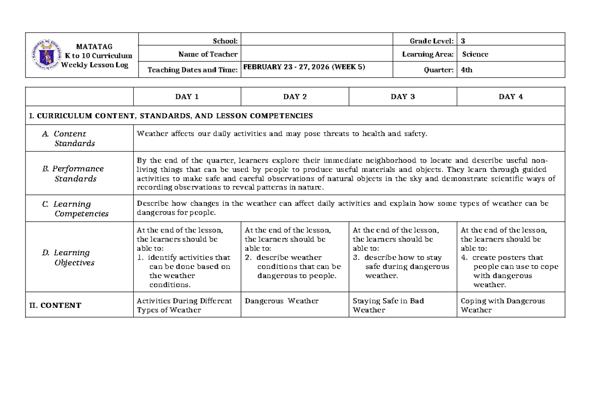 Grade 3 DLL Matatag Science Weekly Lesson Log - Q4 Week 5 - Studocu