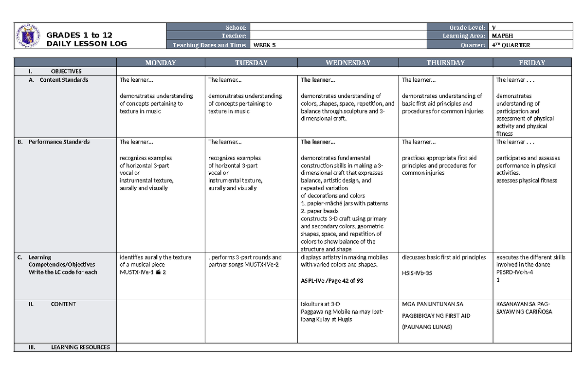 DLL Mapeh 5 Q4 W5 - dll - GRADES 1 to 12 DAILY LESSON LOG School: Grade ...