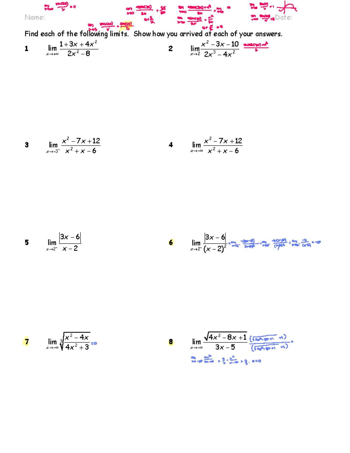1.06 More limit questions - Name: Date: Find each of the following ...