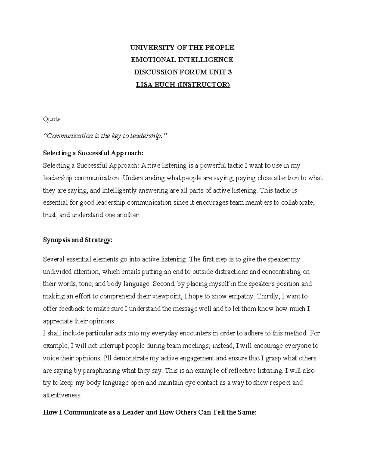 Discussion forum unit 3 - UNIVERSITY OF THE PEOPLE EMOTIONAL ...