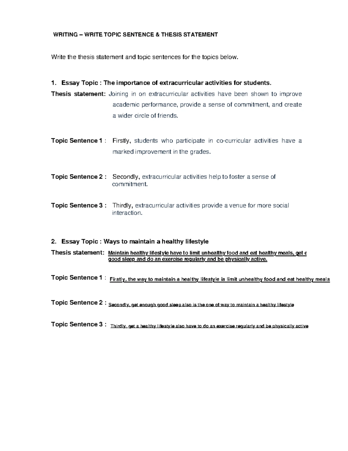 Topic Sentences Worksheet: Exercises on Paragraph Writing - Studocu