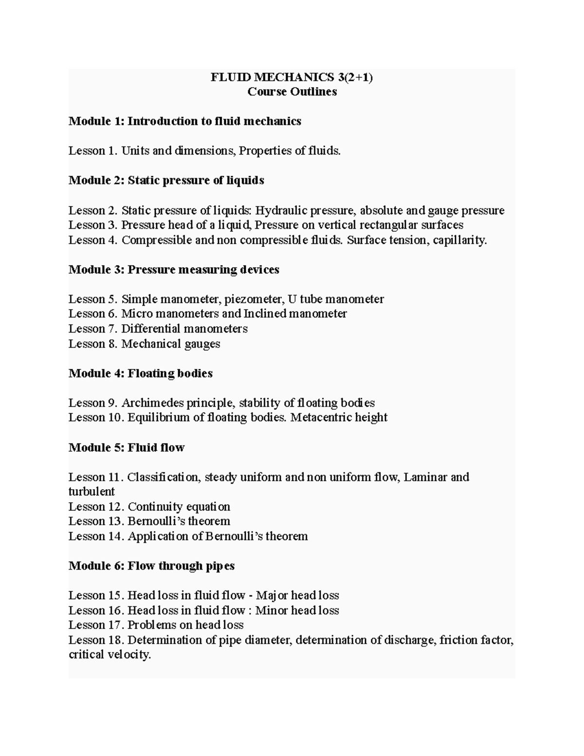 Fluid Mechanics (ENG 101): Comprehensive Course Outline and Lessons ...