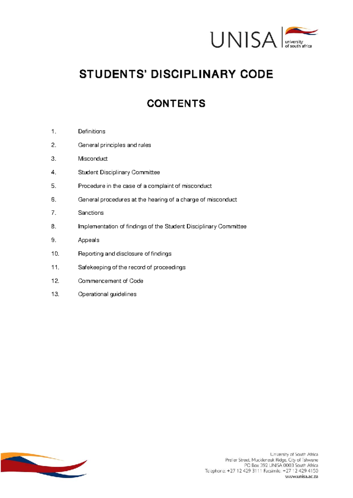UNISA SS Student Disciplinary Code: Regulations and Procedures - Studocu