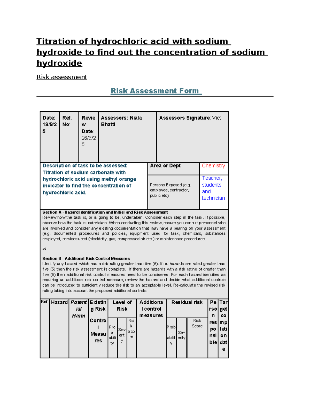 Risk Assessment for Titration of HCl and NaOH - Assignment 2A Practical ...