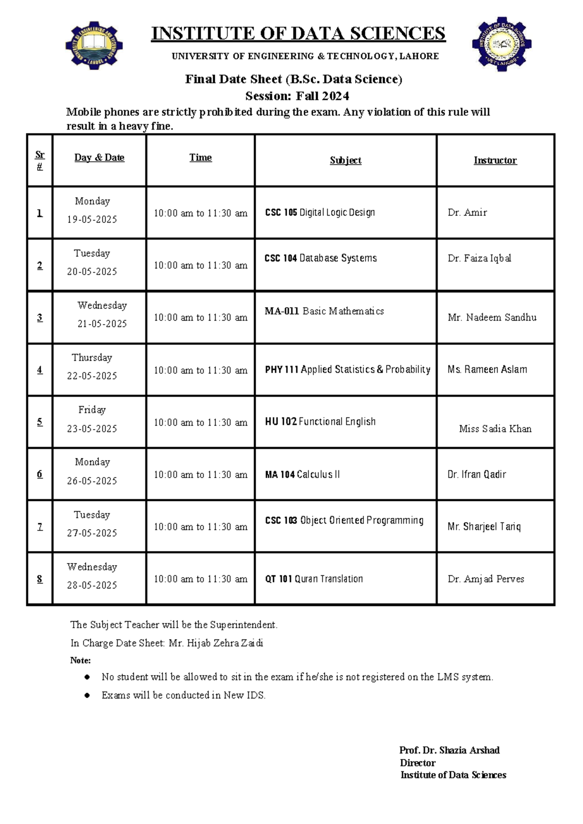 B.Sc. Data Science (BSDS) Fall 2024 Final Exam Date Sheet - Studocu