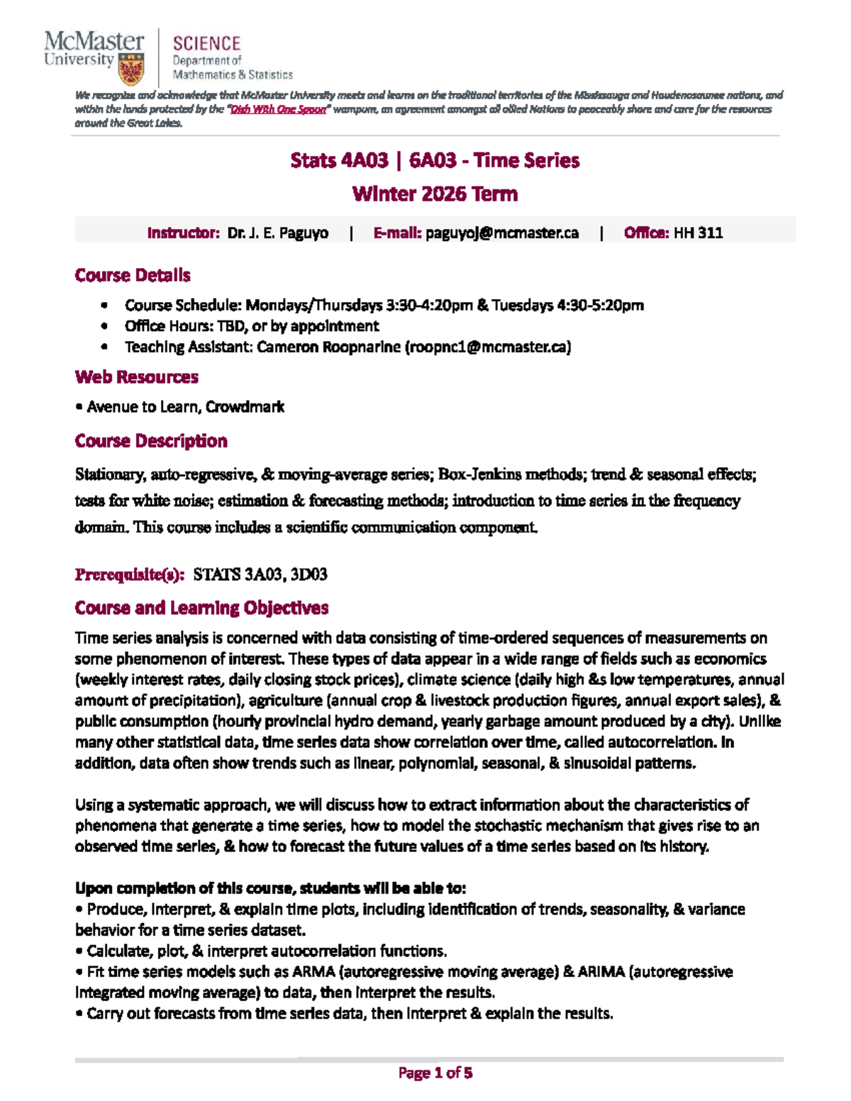 Stats 4A03 Time Series Analysis Syllabus - Winter 2026 - Studocu