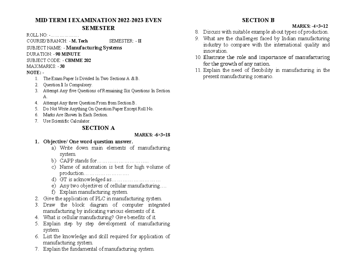 M.TECH II MIDTERM EXAM CBMME 202: Manufacturing Systems - Studocu