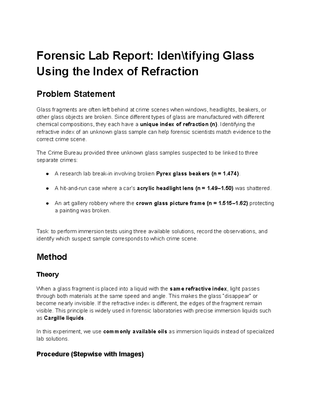 Forensic Lab Report: Identifying Glass via Index of Refraction - Studocu