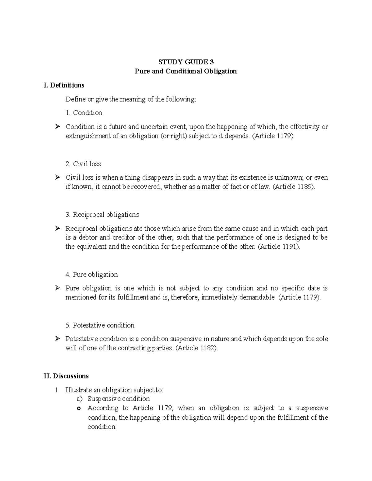 Oblicon Study Guide - Pure and Conditional Obligations - aaa - Studocu