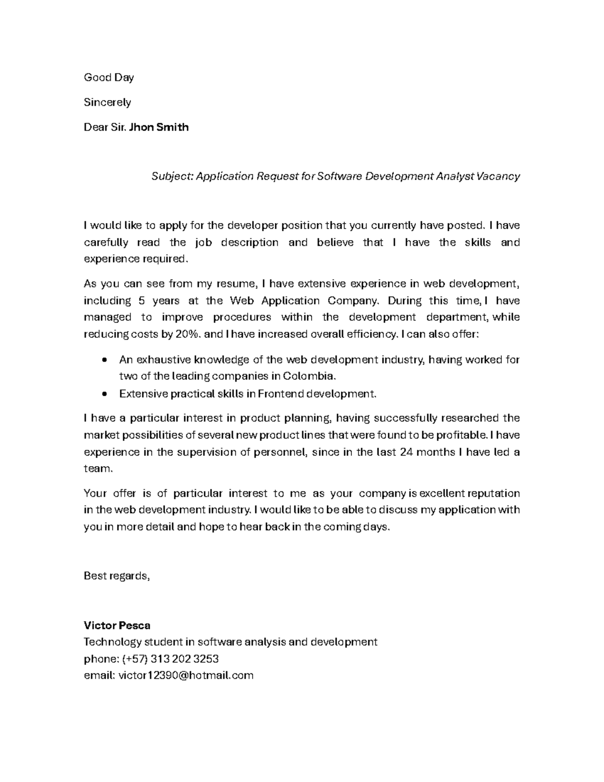 Application for Software Development Analyst Position - Jhon Smith ...